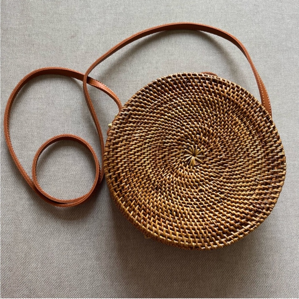 Round Woven Tan Crossbody Bag